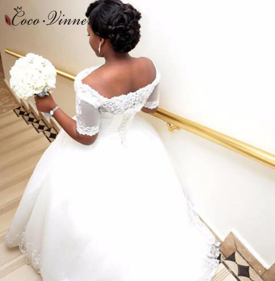 Короткий рукав длина до пола Африка свадебное платье бальное платье стиль кружево с бисером и хрусталем Свадебные платья с аппликацией W0407