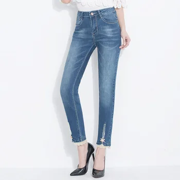 

2018 The New Jeans Women High Waist Blue Loose elasticity Embroidered Flares Pants Bell Bottom Stretch Slim Denim Ladies
