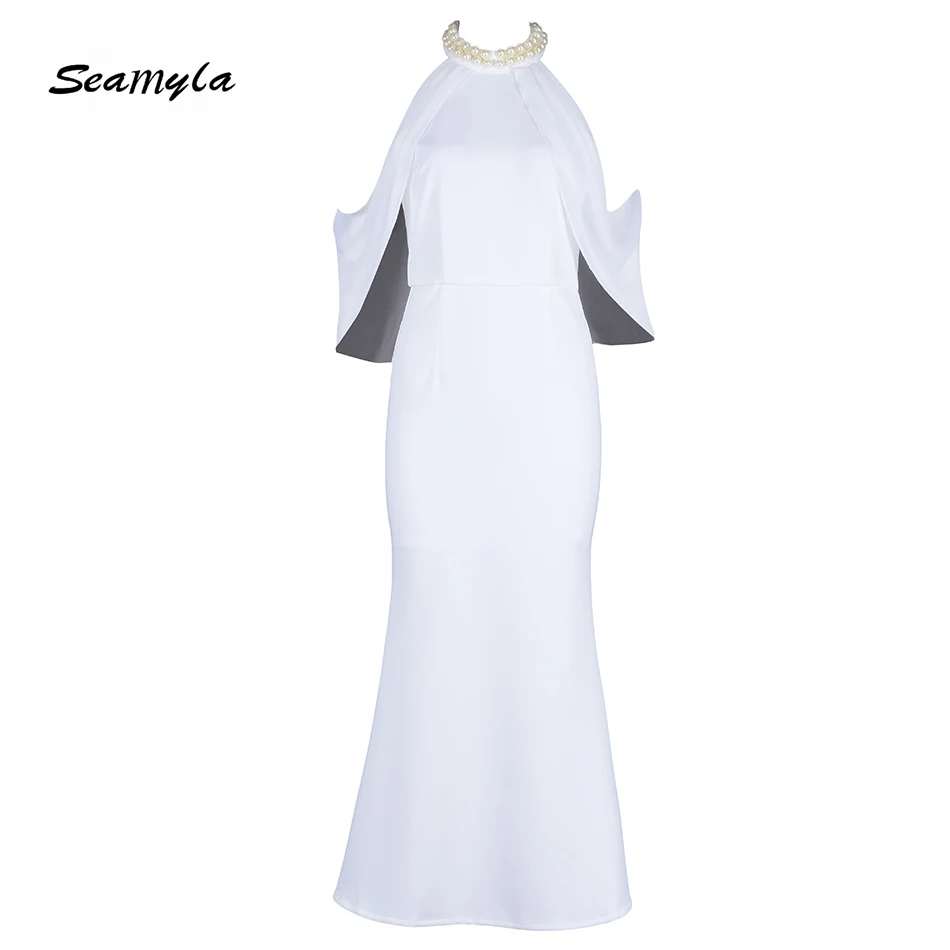 

Seamyla 2019 New Elegant White Dress Women Pearl Beading Evening Party Dress Sexy Sleeveless Marmaid Vestidos Long Dresses