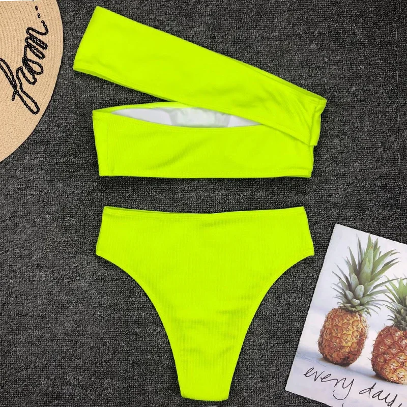 Billig 2019 Sexy Neon Grün Hohe Taille Bikini Frauen Rippen Badeanzug eine schulter Bademode Weiblichen bikini set Brasilianische Badeanzug schwimmen