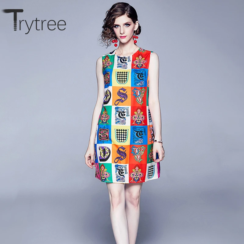 

Trytree Summer Dress Casual Women Fashion Print O-neck Sleeveless Polyester dresses Zippers A-line Above Knee High Street Dress