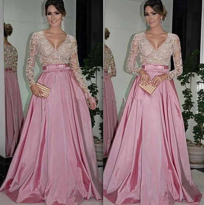 

New Arrival Custom Made Evening Dresses 2016 Full Sleeve V-Neck Zipper Sweep Train Crystal and Sashes 2016 Formal Gown Dresses