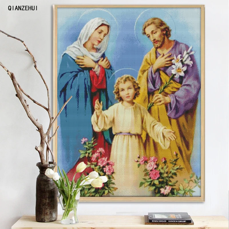 

QIANZEHUI,Needlework,DIY Catholic saint three Cross stitch,The cross of Jesus mother and son Cross-Stitching,Home Decro