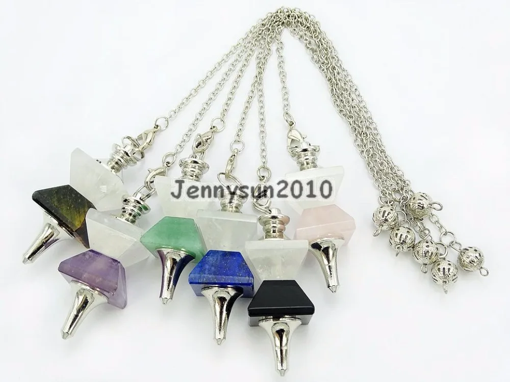 

Natural Gems Stones Pyramid Pendulum Healing Reiki Chakra Pendant Silver Plated Jewelry Design 10Pcs/Pack