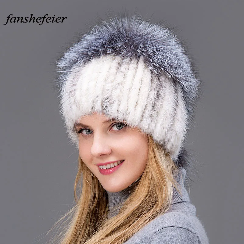 

Fanshefeier Natural Fox Fur Cap With Two Pompoms Thick Warm Knitted Female Fur Hat Real Mink Fur Women Winter Hats Beanies