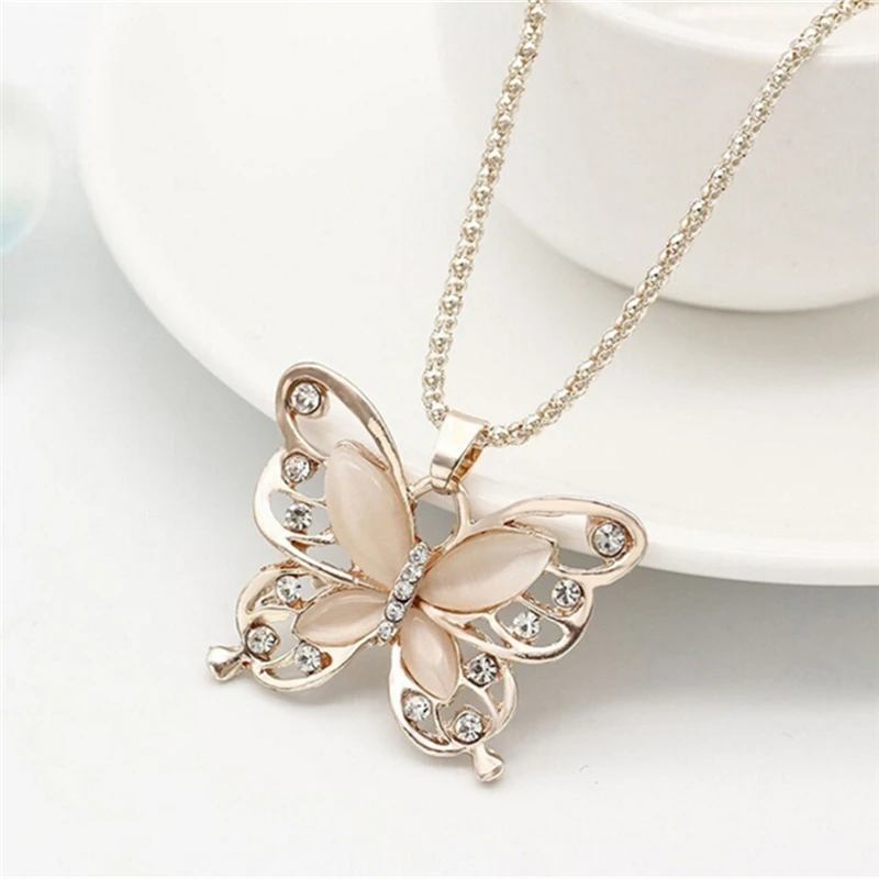 Beautiful Cat Eye Stone Rose Golden Butterfly Chokers Necklaces Long Necklace Women Jewelry