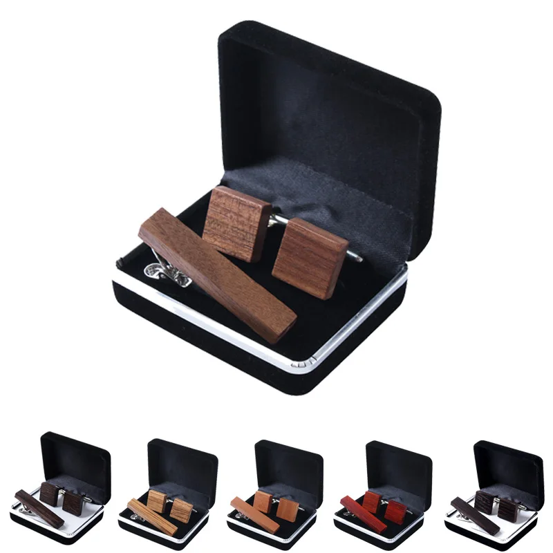 

Wood Cufflinks Pince Cravate Stropdas Tie Clip set for Men Women With gift case