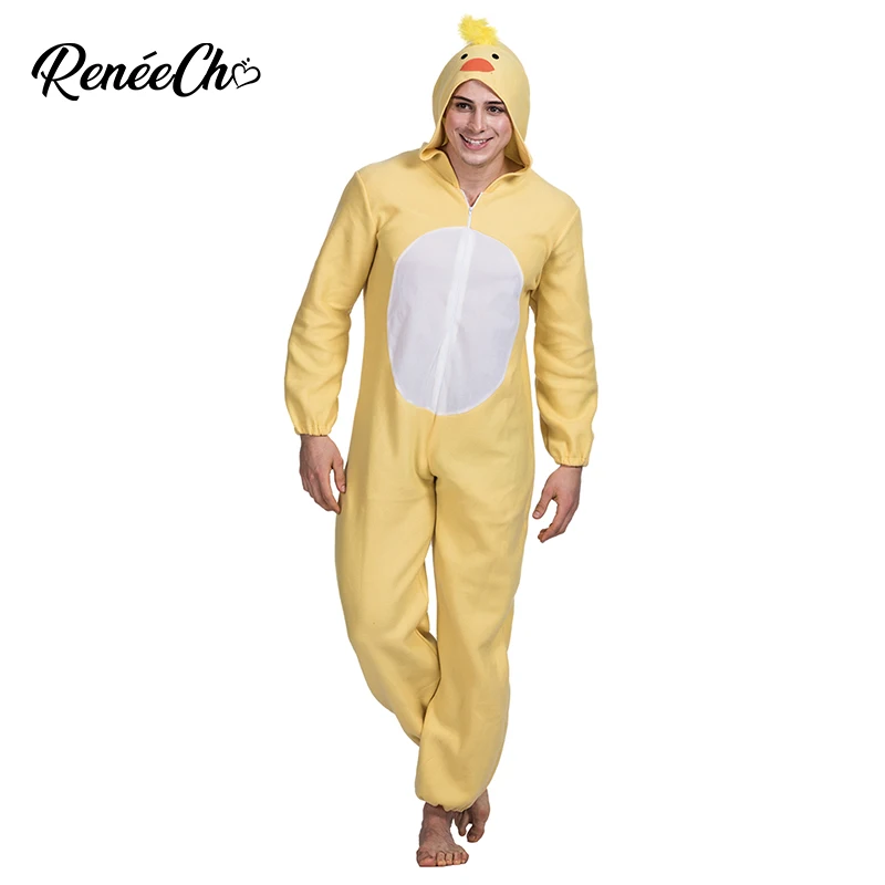 

Reneecho Men Costume For Halloween Animal Party Cosplay Adult Yellow Chicken Costume Funky Rooster Cosplay Jumpsuit Hooded