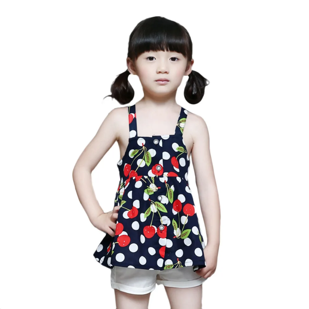 

2017 New Set Girl Summer Cherry print sleeveless blouse + Shorts suit Toddler Girl Clothing Sets Girls Clothes 3 4 5 6 years