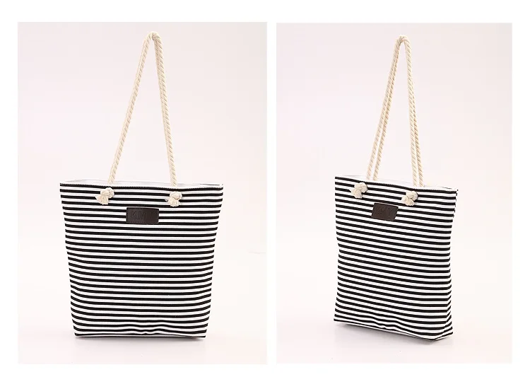 ZYJ Female Striped Canvas Shoulder Casual Tote Bag Pack Drawstring Hemp Rope Handbag Shopping Hand Bucket Grocery Beach Bag (28)