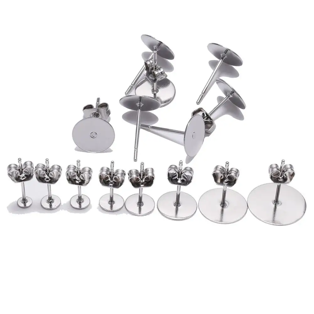 

100PCS/lot 4 5 6 8 10 12mm Stainless Steel Blank Post Earring Stud Base Pins With Earring Plug Supplies For DIY Jewelry Making
