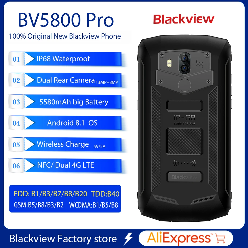 Blackview BV5800 Pro Водонепроницаемый IP68 смартфон 5 &quotHD + четырехъядерный Android 8 1 13MP 8MP NFC