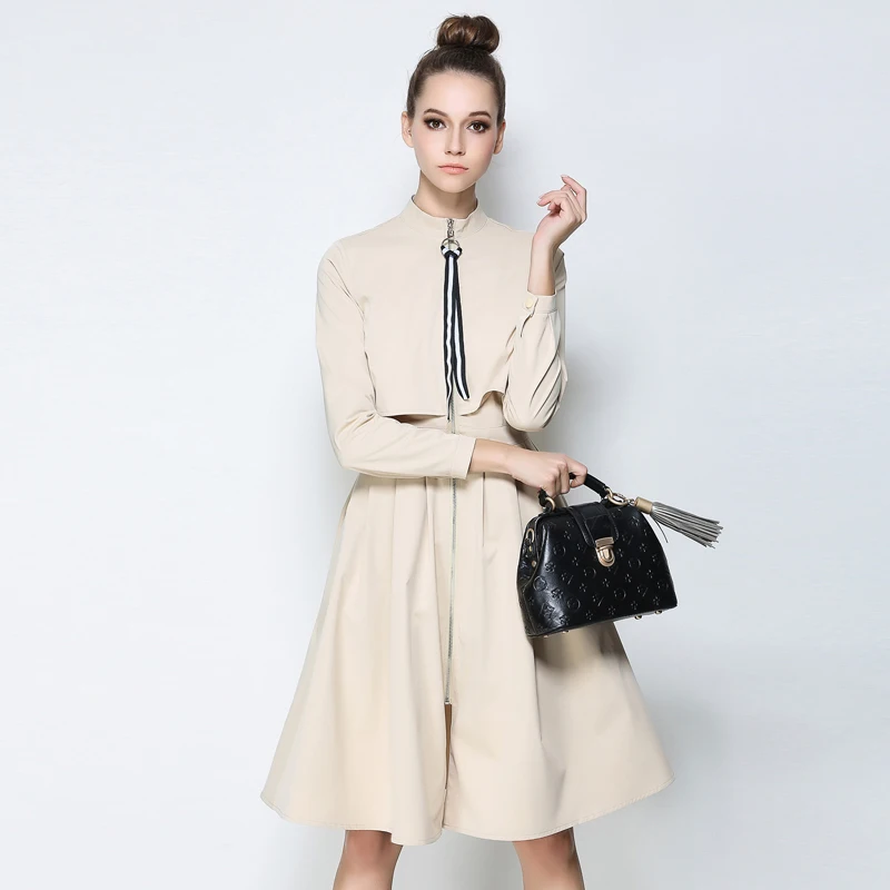 

2018 winter women's fashion new Round neck temperament false two dust trench coat female Retro Zipper tutu Outerwear trench