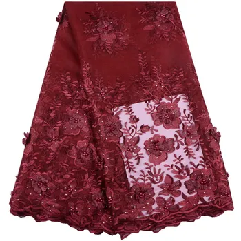 

Big Red African Lace Fabric 2019 High Quality Lace Embroidery Fabric With 3D Flower French Lace Fabric with Beads For Dress 1542
