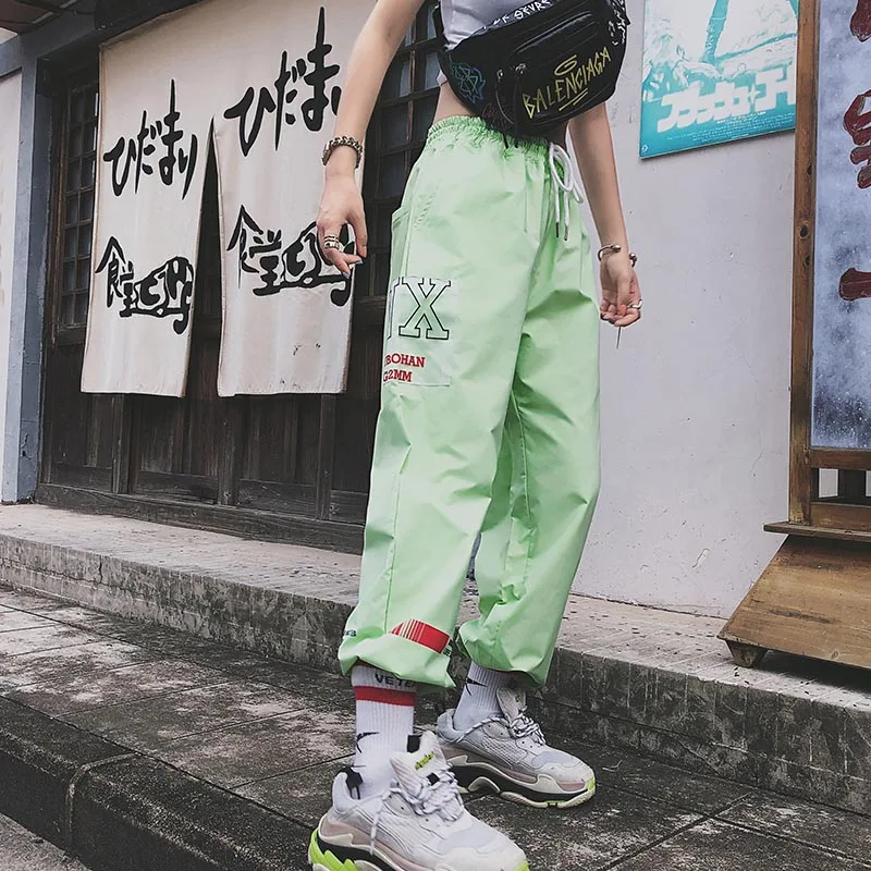 

Transparent Pocket Ankle Length Pants Women Hip Hop Pants Elastic Waist Street Dance Pants