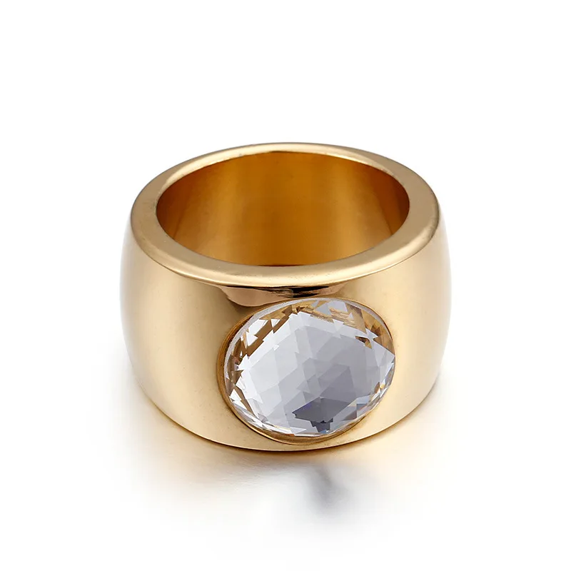 Trendy Crystal Round Female Ring 10MM Wide Ring New Arrival Stainless Steel Women Cocktail Ring Jewelry Engagement Ring