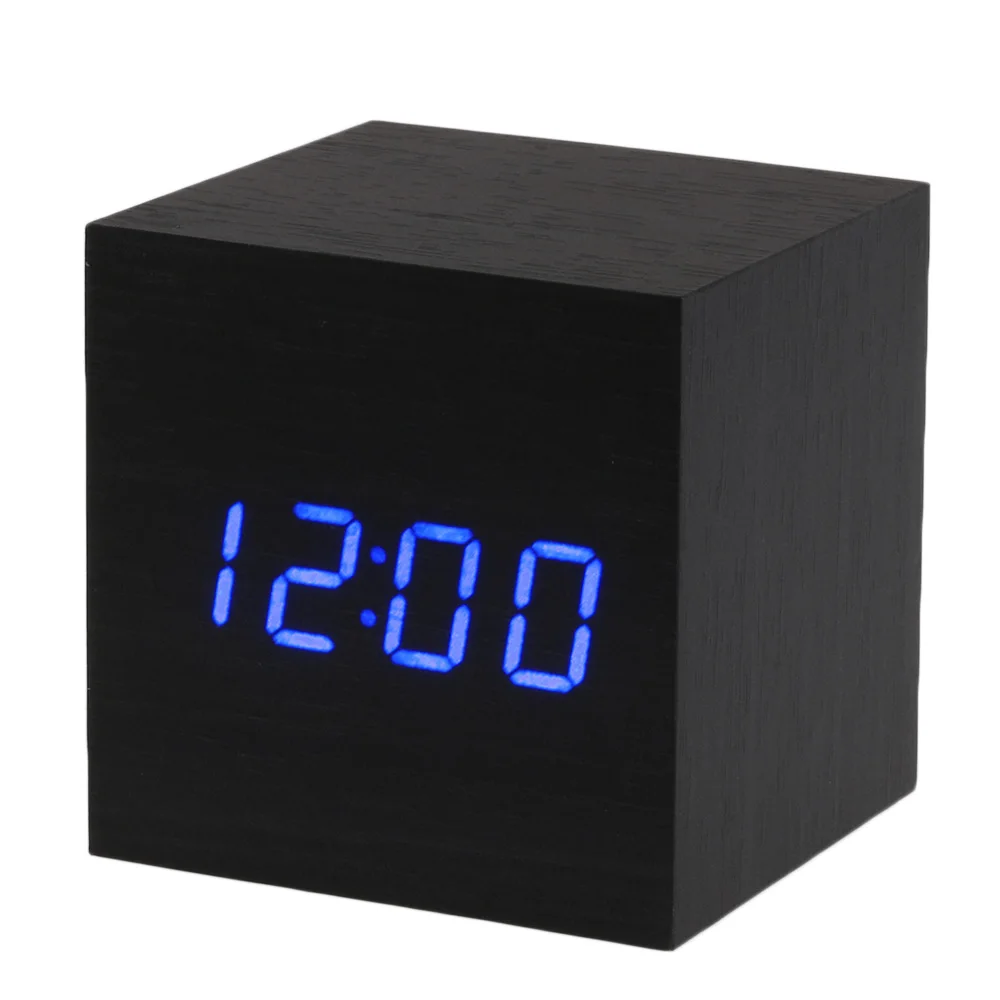 Black Wood Blue LED 12 стилей USB куб квадратный цифровой светодиодный Настольный Будильник цифровой термометр календарь деревянные USB/AAA отображение даты - Цвет: Black Wood Blue LED