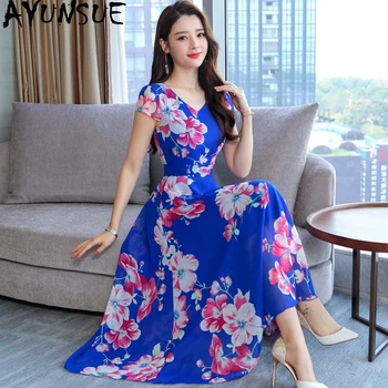 

AYUNSUE 2020 Summer Beach Floral Dress Women Boho Elegant Chiffon Dress Slim Long Dresses Flower Party Vestidos Mujer KJ2204