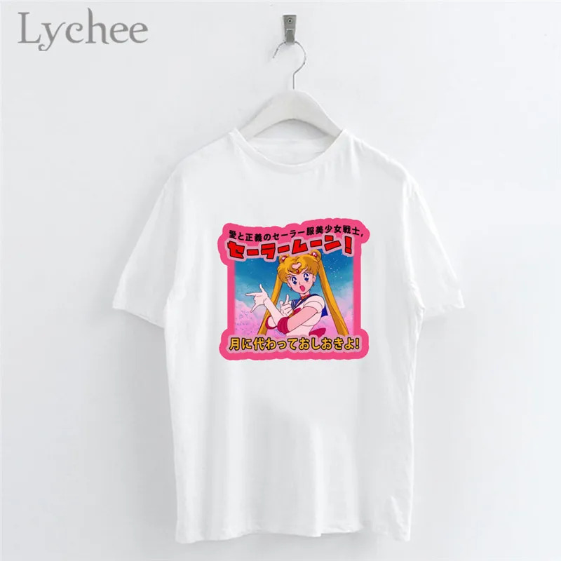 Lychee Harajuku, розовая Женская футболка с изображением окна Сейлор Мун, Повседневная Свободная белая футболка с коротким рукавом и круглым вырезом, женская футболка