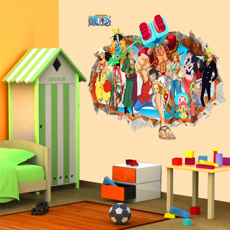 

3d one piece Luffy through wall decals for kids rooms bedroom home decor art cartoon broken wall stickers pvc diy posters