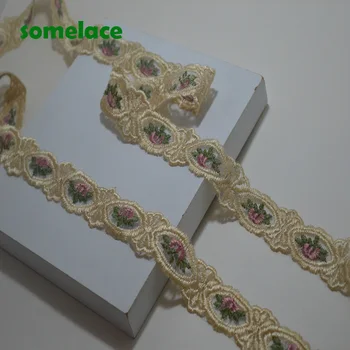

5yds 3.5cm wide light gold ribbon pink mixed floral venice lace trim for garments and wedding decoration