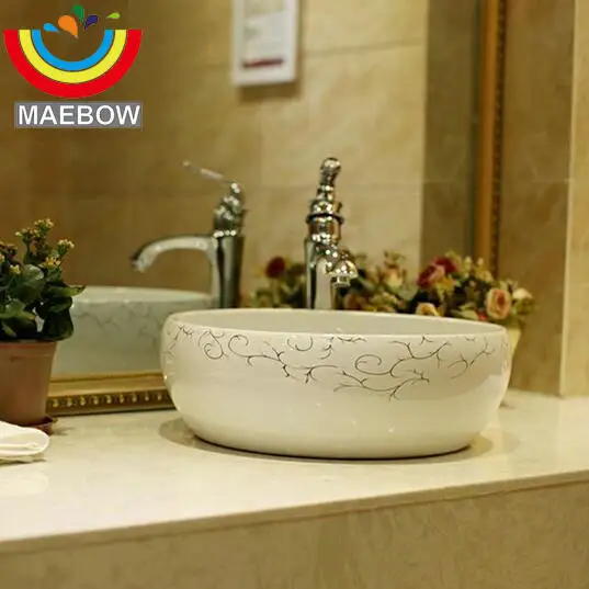 

Modern Artistic Golden Liner White Wash Basin Ceramic Round Coutertop Bathroom Sink