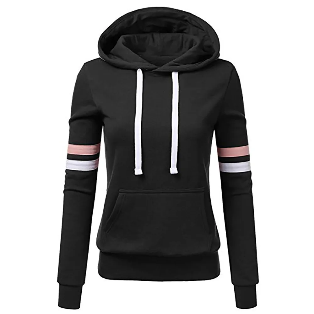 

Hot Sale Women Stripe Print Sweatshirt Long Sleeve Hooded With Pocket Pullover Tops Shirt Autumn Winter Popular Fashion Pullover