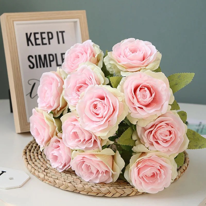 Flone Artificial Silk Rose Flower Bouquet Fake Flowers 12 Head Small Fresh Wedding Rose Decoration Home Decoration Accessories (10)
