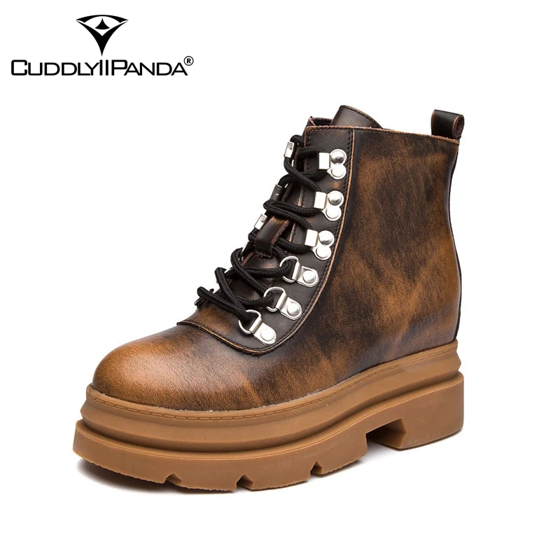 

CuddlyIIPanda Women Fashion Ankle Boots Genuine Leather Height Increasing Martin Boots Spring Autumn Motorcycle Boots Bota Mujer