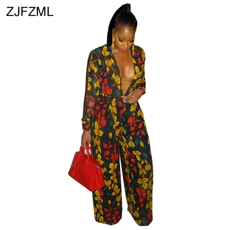 

ZJFZML Leaves Print Sexy Loose Jumpsuit Casual V-Neck Long Sleeve Overall For Women Floor-Length Party Wide Leg Romper Sashes