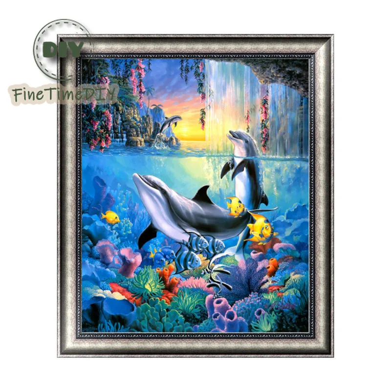 FineTime Underwater Scenery 5D DIY Diamond Painting Partial Round Drill Embroidery Cross Stitch Animal Dolphin | Дом и сад