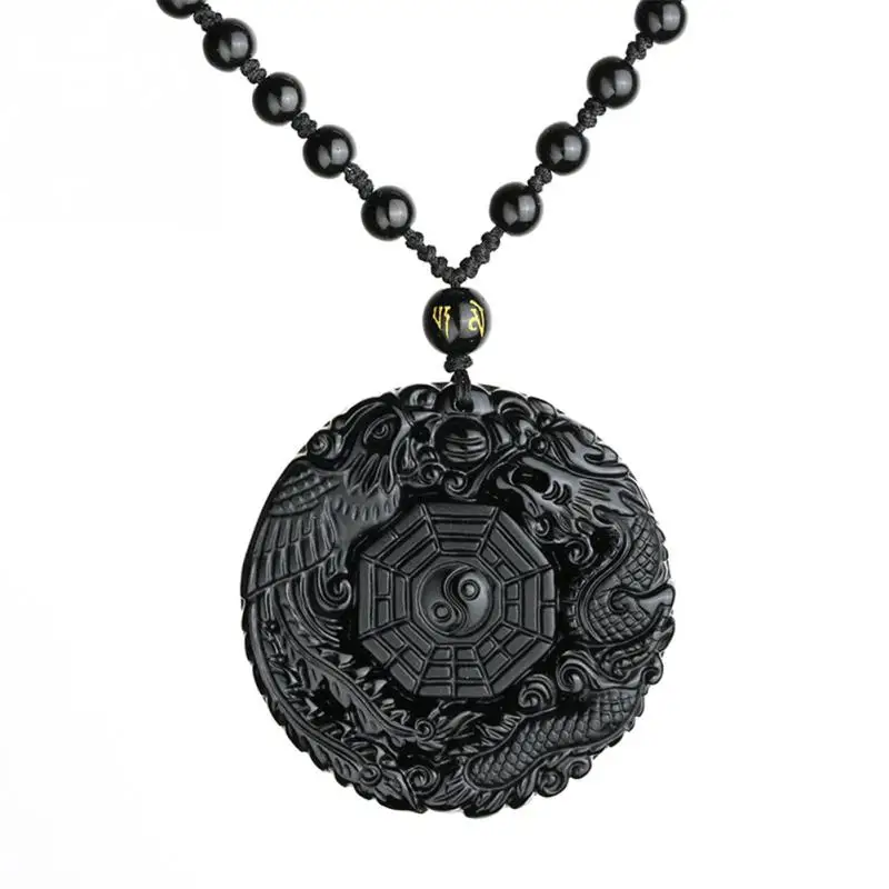 Горячая удача кулон ожерелье натуральный обсидиан резные китайский дракон феникс Багуа для мужчин женщин ювелирные изделия подарок