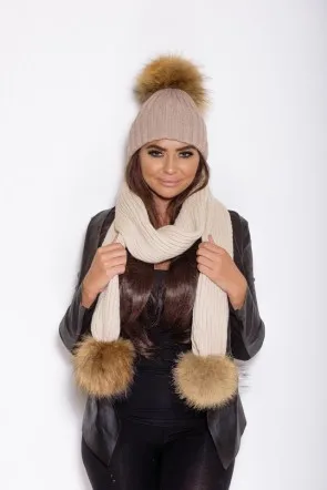 Для женщин взрослых зима Pom Шапки шапочка теплая вязаная с помпоном меховой помпон шапки и шарфа комплект Для женщин натуральный мех енота помпоном Hat