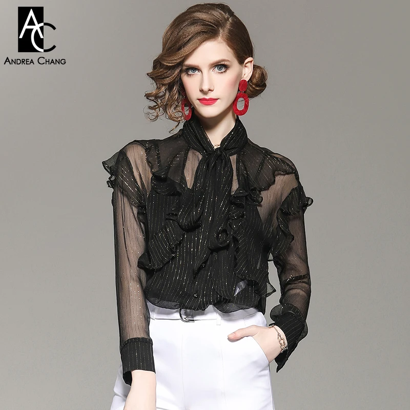 

spring summer woman blouse shirt golden strip pattern black silk blouse collar ribbon bow ruffled applique fashion vintage shirt