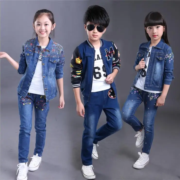 

Toddler Kids Baby boys Girl Clothes Set Denim Tops coat+T-shirt +pants Outfits spring Cowboy Suit Children 3pcs Set 4-14