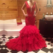 CYF114 Luxus Spitze Meerjungfrau Roten Abendkleid 2016 Vestido De Festa Vestido Longo Sexy V-ausschnitt Perlen Geschichteten Rüschen Prom kleider