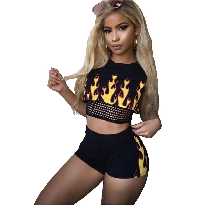 Wantmove 2019 new summer women two-piece fashion mesh splice print o-neck lumber top and mini shorts two piece set WM618