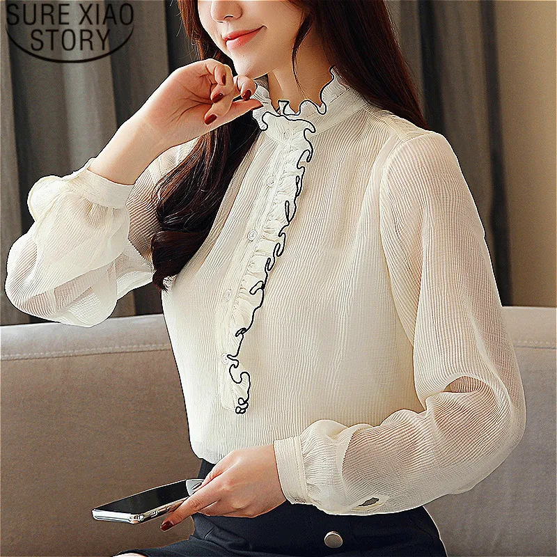 womens tops and blouses blusas mujer de moda 2018 Chiffon  blouse Office Lady Solid Stand lantern Sleeve women blouses 1865 50