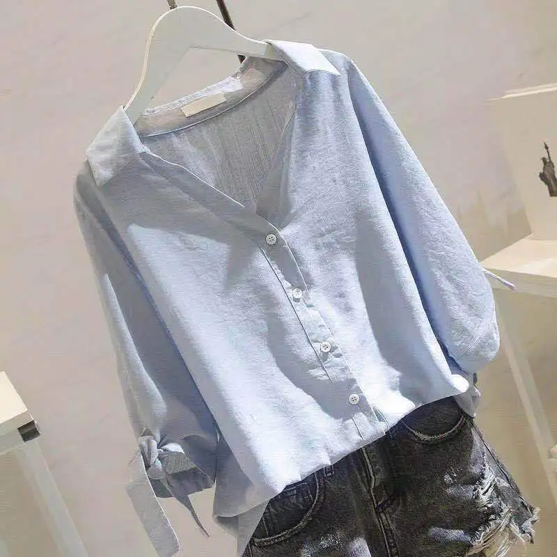 Dioufond, Женская белая рубашка с v-образным вырезом, женская блузка, топ, короткий рукав, Повседневный, отложной воротник, OL стиль, женские свободные блузки - Цвет: blue