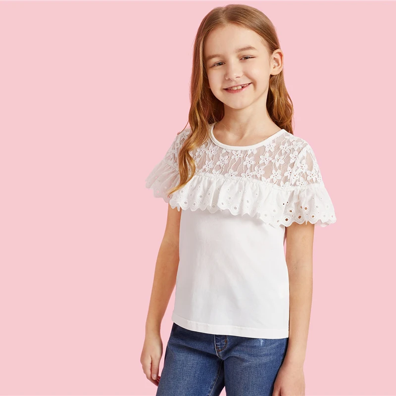 SHEIN/Детская милая блузка для девочек с кружевной кокеткой, вышивкой и рюшами, г. Летние повседневные топы с короткими рукавами