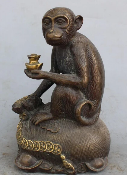 

shitou 003274 11" Marked Chinese Bronze Gilt Moneky Hold Wealth Yuanbao Money Bag Sculpture