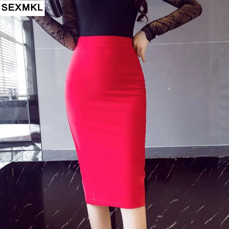 Women Mid Length Skirts 2022 Summer Elastic High Waist Pencil Skirts Black Slim Office Lady Work Bodycon Red Skirt Oversized