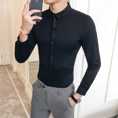 Men Shirt Slim Fit Mens Dress Shirts Men Tie Design Camisa Masculina Long Sleeve Solid Color 4