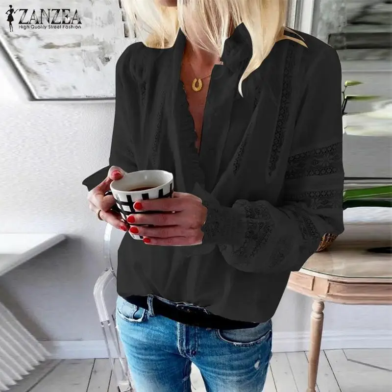 ZANZEA زائد حجم النساء بلوزة طويلة الأكمام الدانتيل جوفاء قمم 2019 الصيف السيدات عارضة الصلبة خليط فضفاض V الرقبة البوهيمي قميص