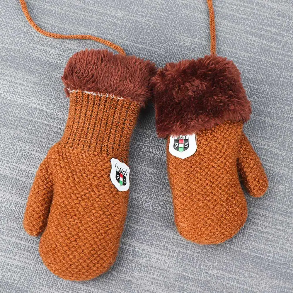 Зимние детские вязаные перчатки на полный палец, детские варежки, теплые варежки на веревке, детские вязаные однотонные Варежки Унисекс для малышей