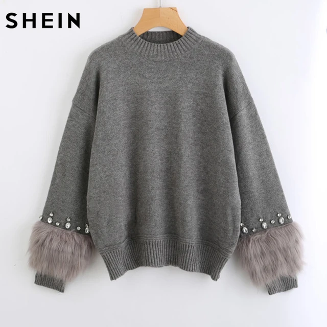 rhinestone embellished fringe crew neck sweater