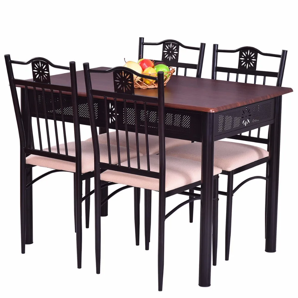 Goplus 5 Piece Kitchen Dining Set Wood Metal Table and 4 Chairs Kitchen Breakfast Modern Dining Room Furniture Set HW56524