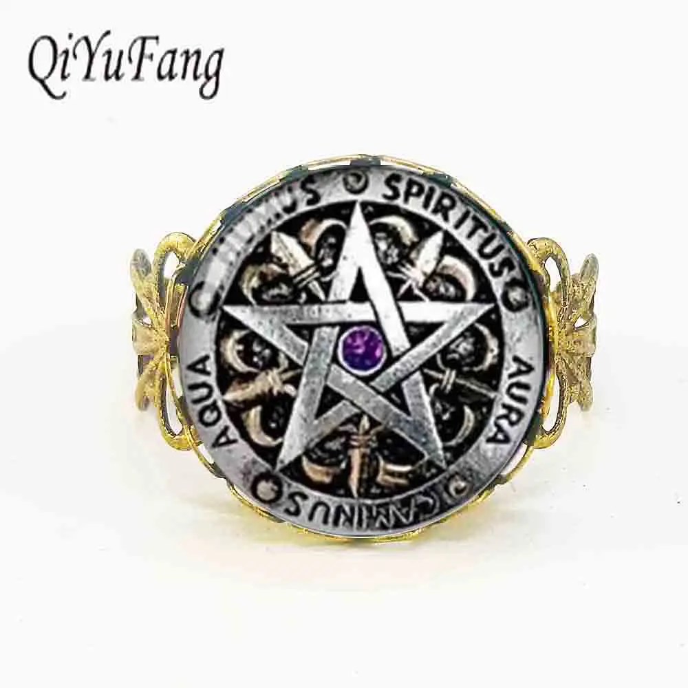 

Wiccan Protection black charms magick Pagan Pentagram Ring Round glass globe xmas Gift Women Men antique rings punk