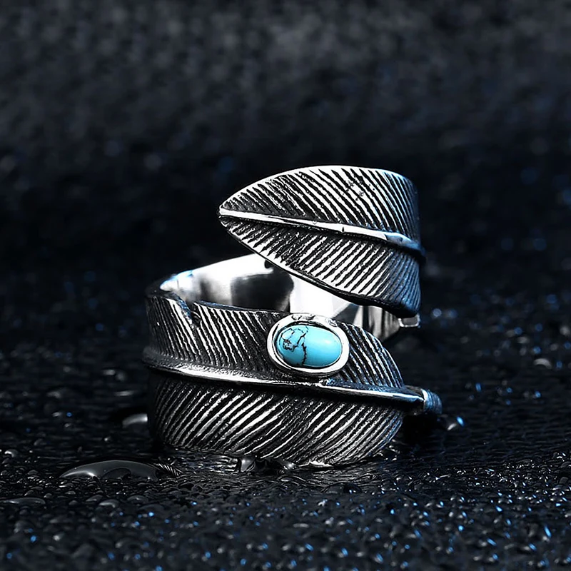

Punk Vintage Style Titanium Steel Turquoises Feather Ring Mens Retro Rock Ring High Quality Party Jewelry Male