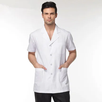Мужское белое медицинское пальто, одежда для медицинского обслуживания, Униформа, одежда для медсестер, короткий рукав, полиэстер, защита, лабораторные пальто, ткань